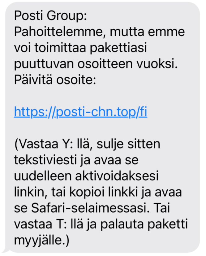 Esimerkki huijausviestistä.