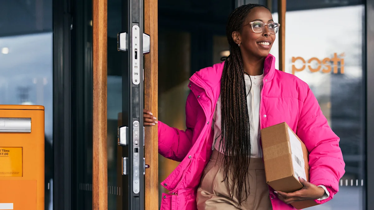 A woman in a pink coat is carrying a package.