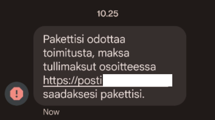 Esimerkki huijausviestistä, jossa kerrotaan pakettisi odottavan toimitusta.