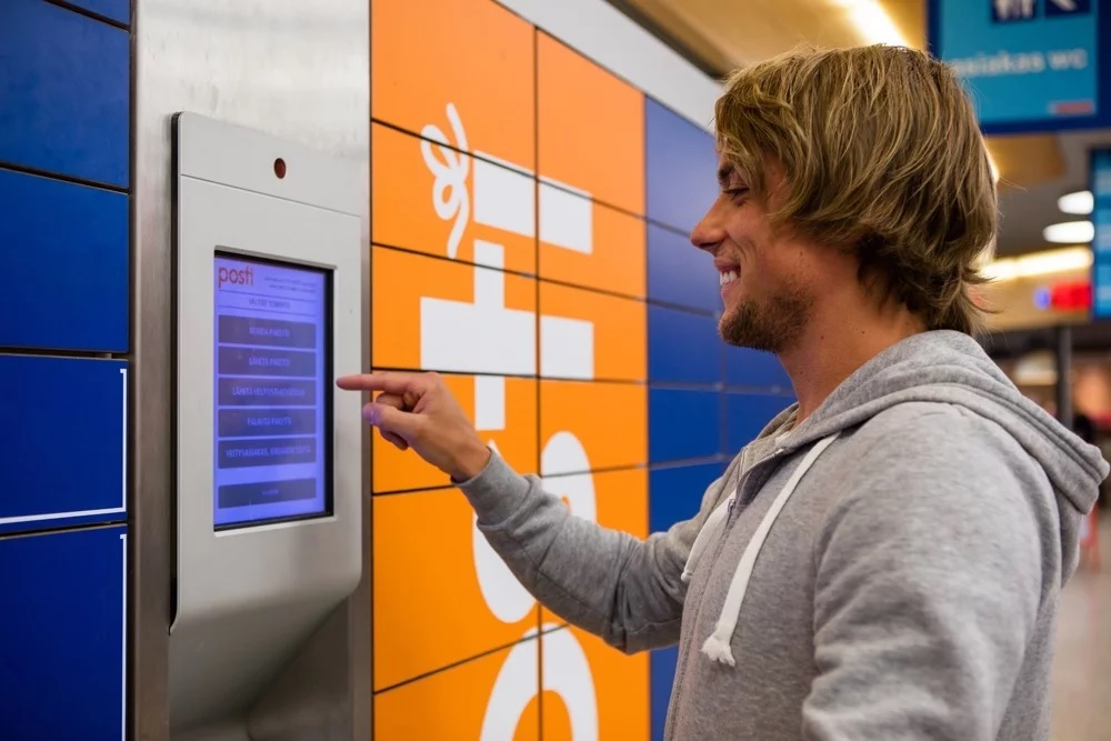 Parcel Locker with a screen in the middle.