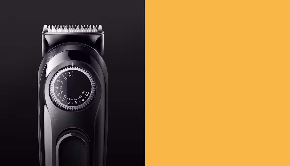 Black electric beard trimmer with a circular precision dial showing length settings from 1 to 20 Black electric beard trimmer with a circular precision dial showing length settings from 1 to 20