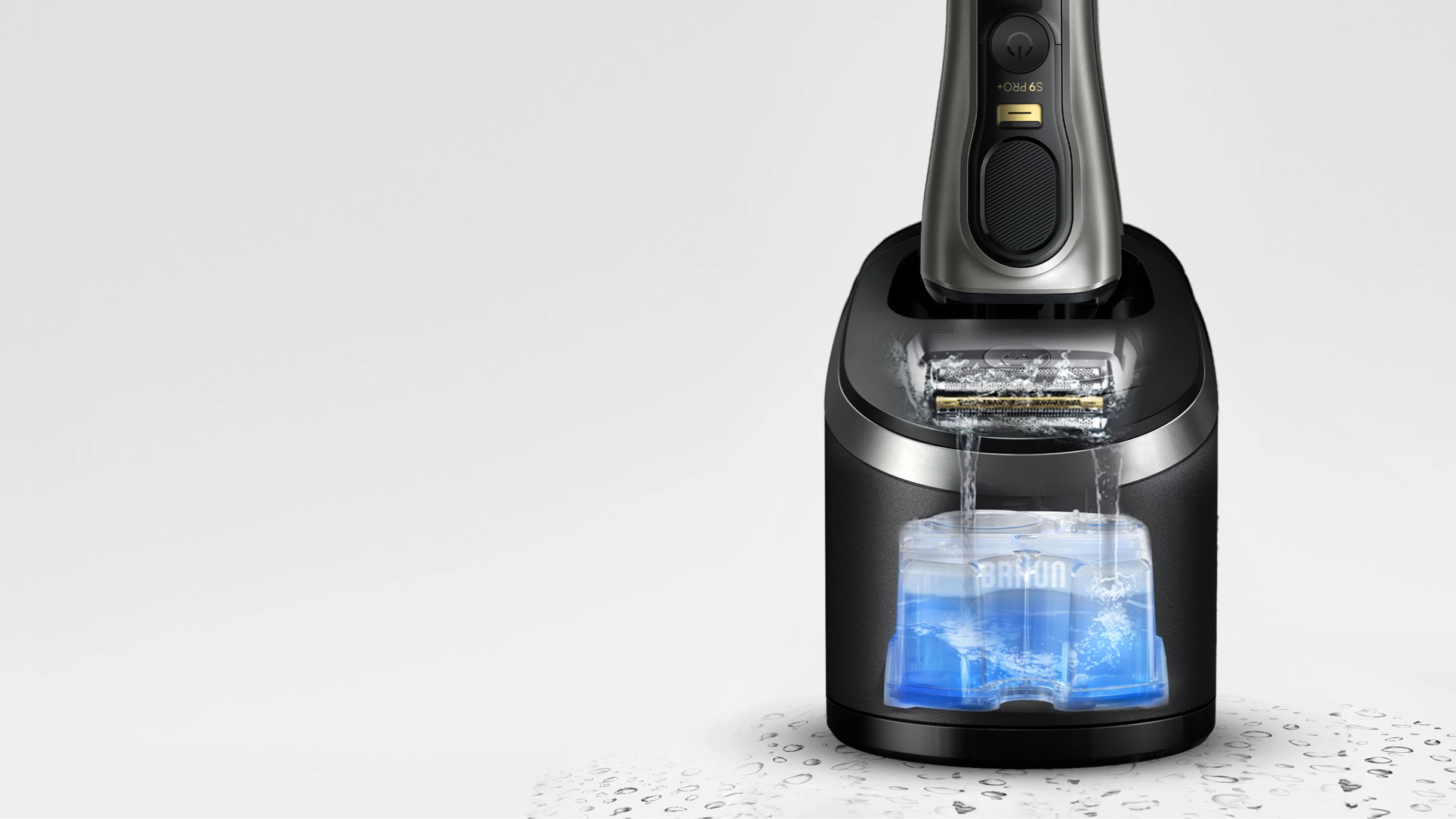 Profile of the SmartCare center with cartridge that cleans the Series 9 Pro+ shaver