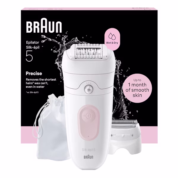 Front view product rendering of Silk·épil 5, bag and shaver head with Packaging shot behind rendering on white background. Front view product rendering of Silk·épil 5, bag and shaver head with Packaging shot behind rendering on white background.