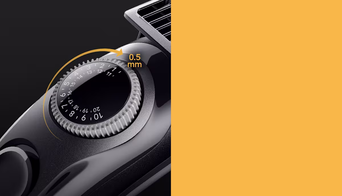 Close-up of a hair clipper's precision dial wheel showing numbered length settings from 1 to 20, with 0.5mm incremental adjustments highlighted Close-up of a hair clipper's precision dial wheel showing numbered length settings from 1 to 20, with 0.5mm incremental adjustments highlighted