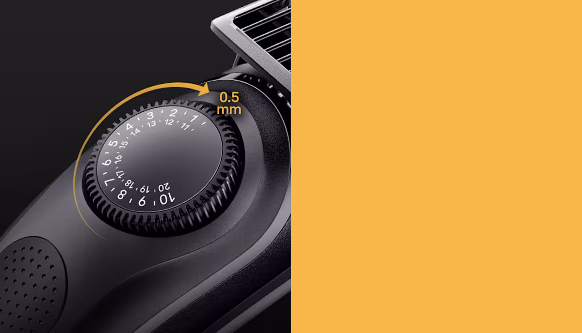 Hair trimmer dial with 20 precision length settings, adjustable in 0.5mm increments Hair trimmer dial with 20 precision length settings, adjustable in 0.5mm increments
