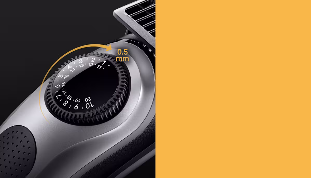 Hair trimmer dial with 20 length settings, adjustable in 0.5mm increments Hair trimmer dial with 20 length settings, adjustable in 0.5mm increments