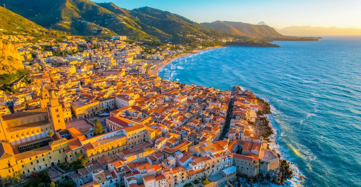 Old town of Cefalu, medieval village of Sicily island, Province of Palermo, Italy. Aerial