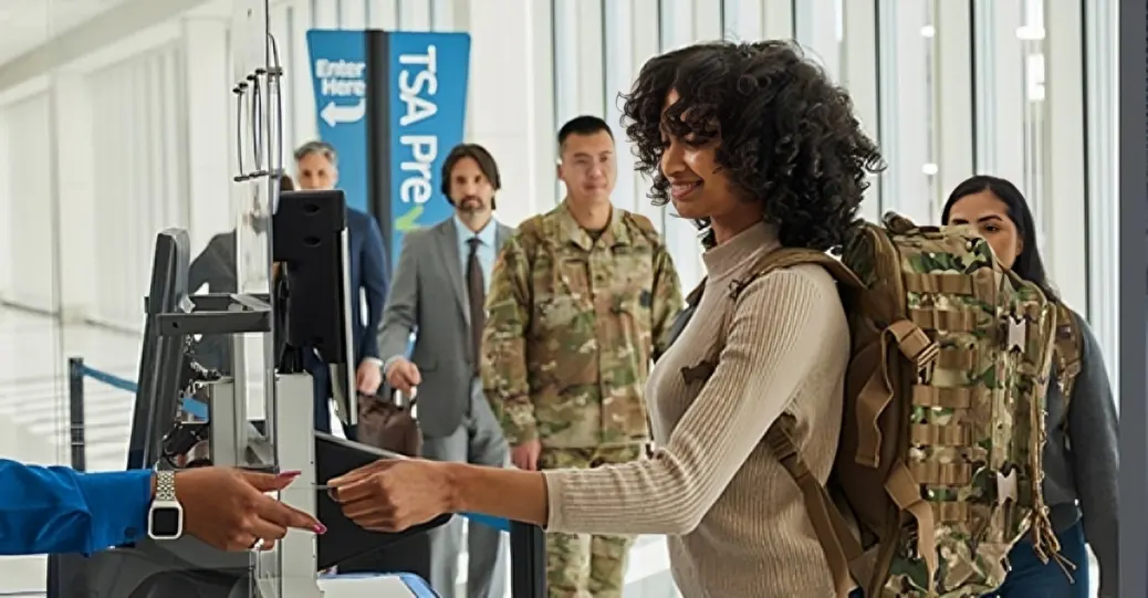 An image of a woman in uniform passing a bag to a man, representing a delivery transaction.