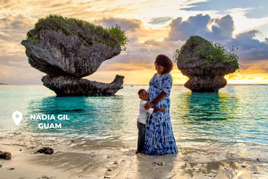 A mother and son sharing moments of joy and reconnection in the island of Guam.