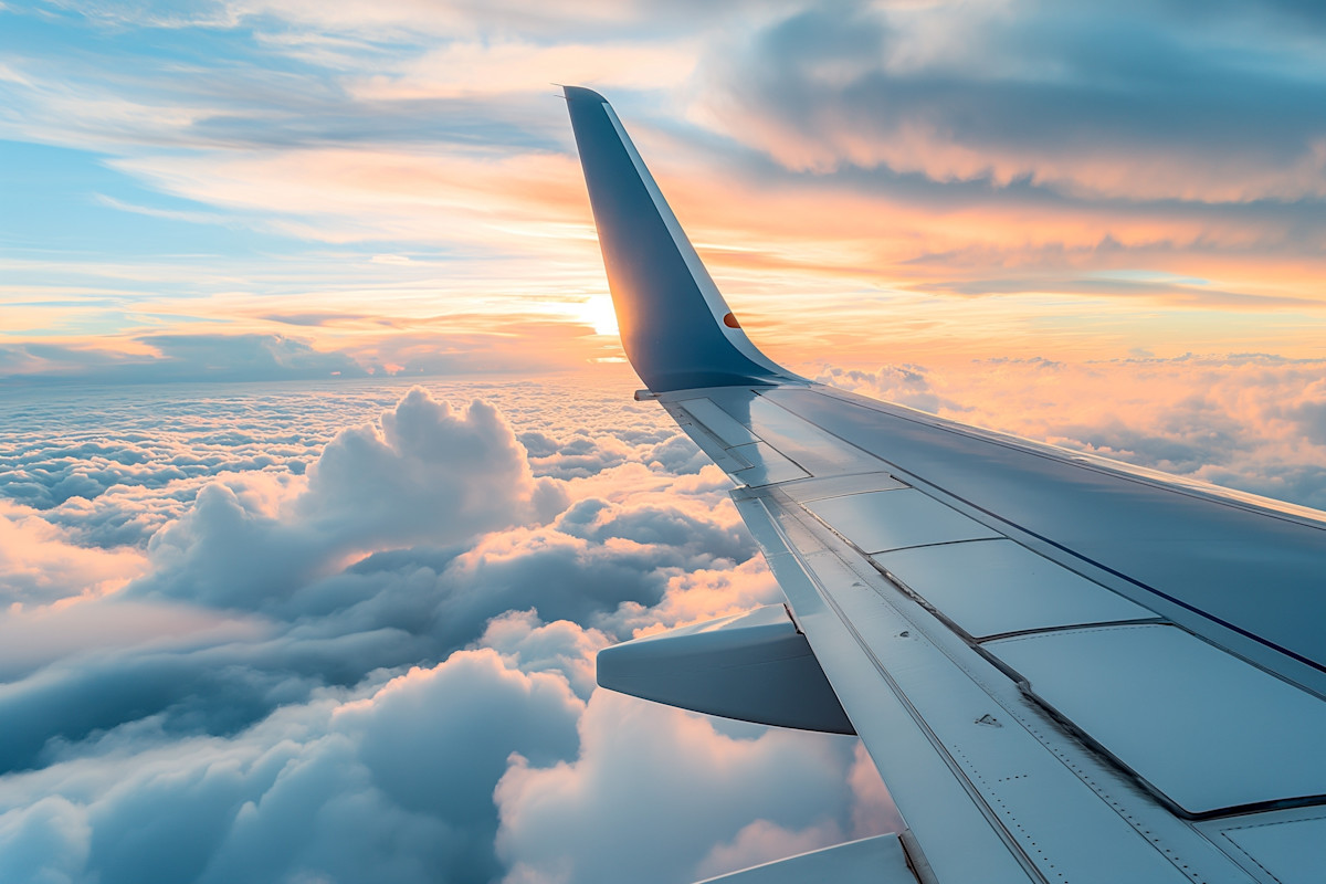 Plane wing in clouds w/ sun