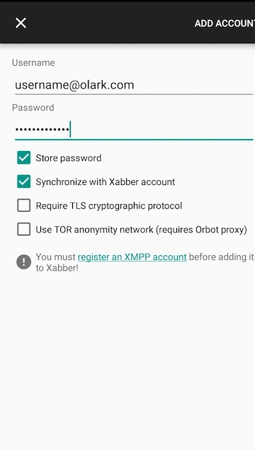 Xabber - Add Olark Account