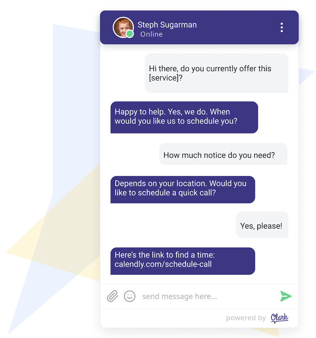 an Olark chat box showing a chat with an agent and potential customers discussing services