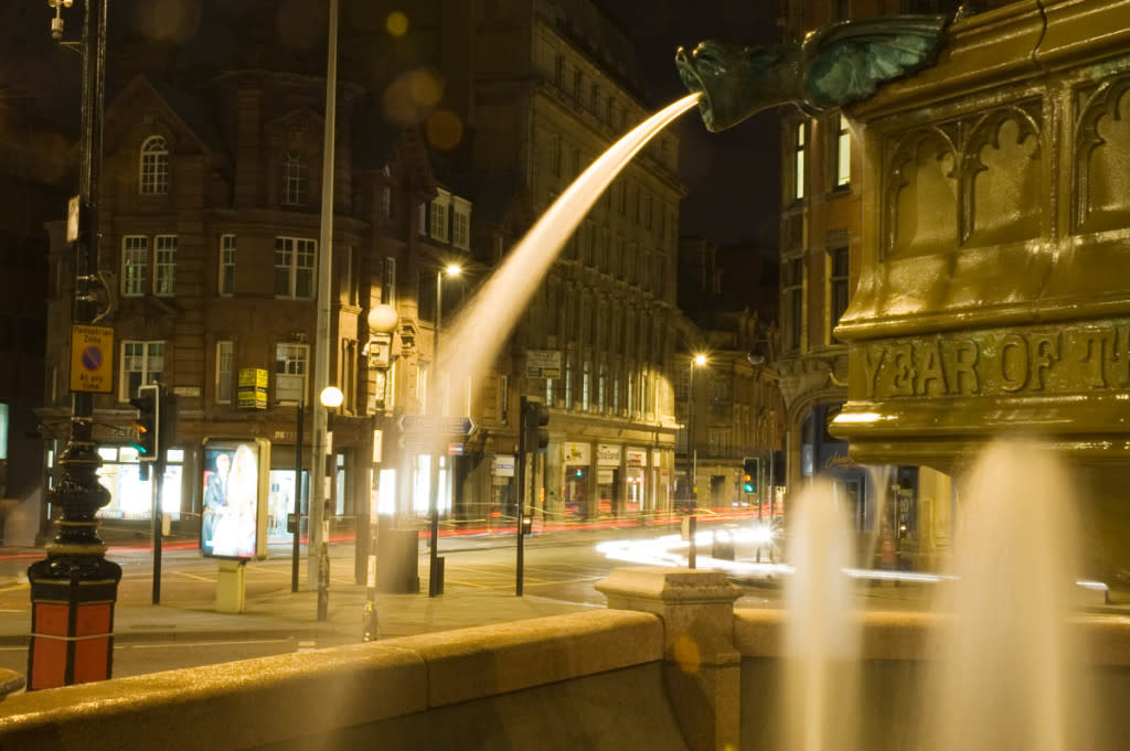 Albert Square Fountain at Night, Manchester