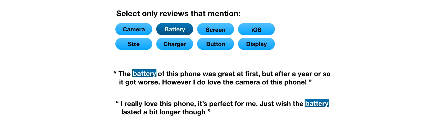 Read only the reviews mentioning the word "battery".