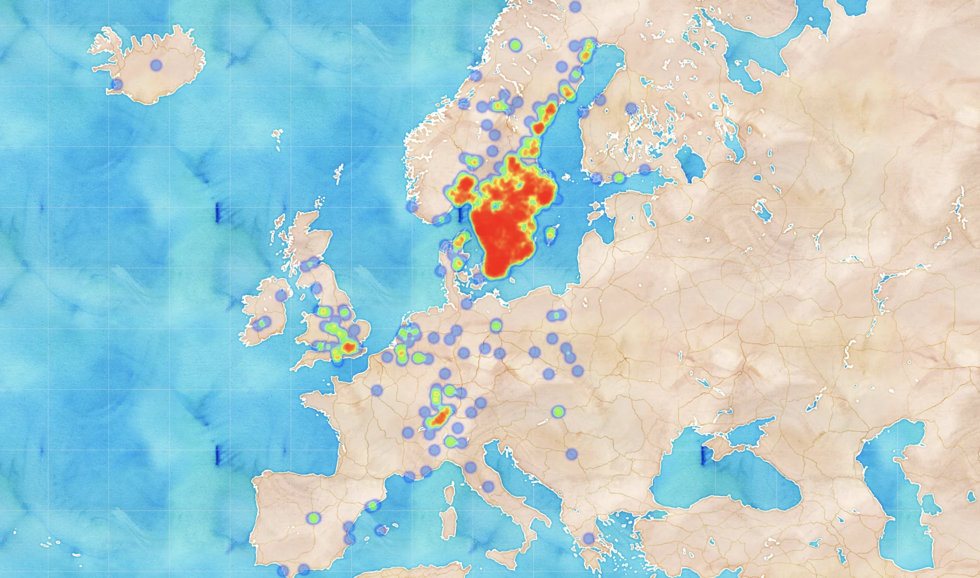 Heatmap over runner hometowns, latitude and longitude mapped to their represented city.