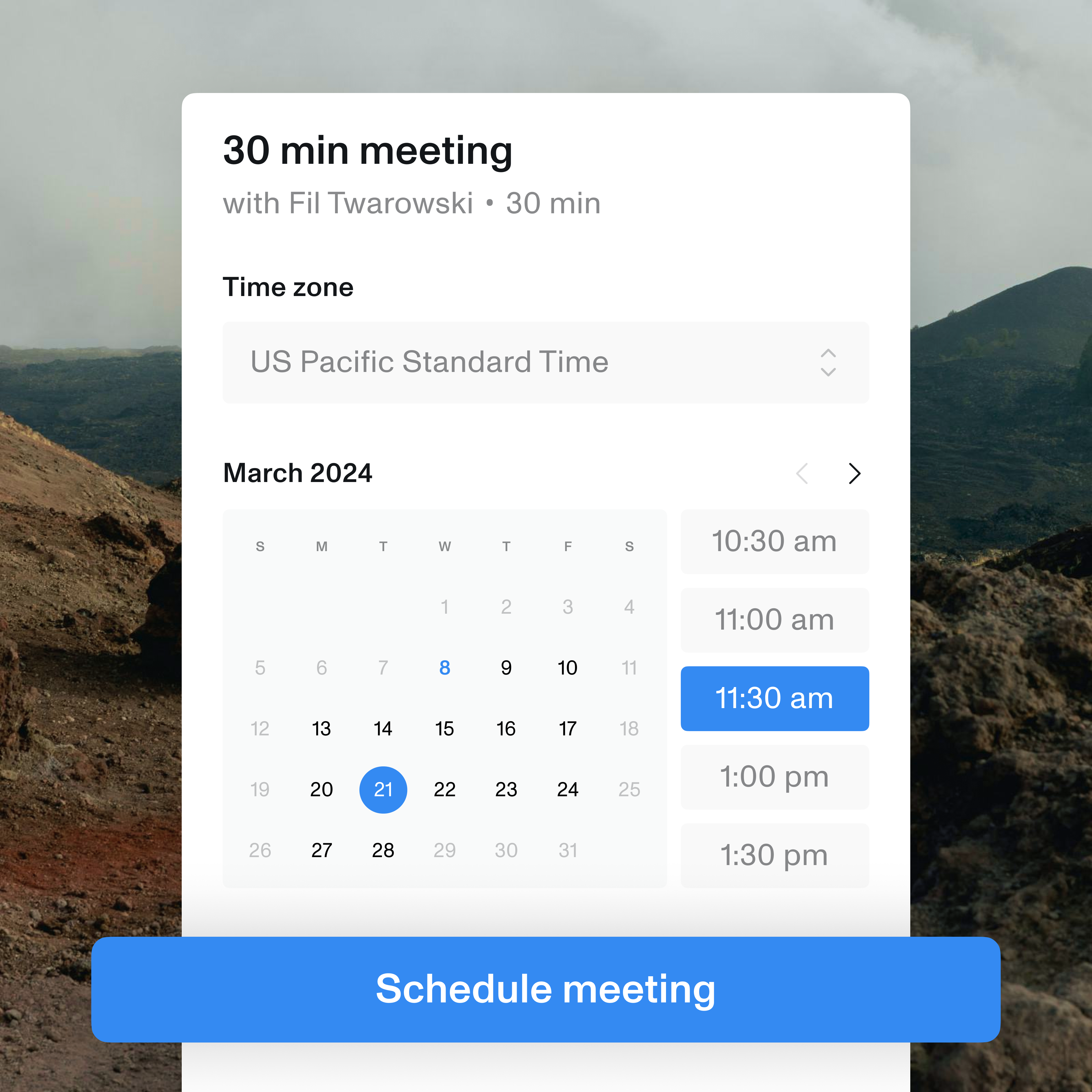 A mobile calendar view showing availabilities during March and a prominent button to schedule the meeting.