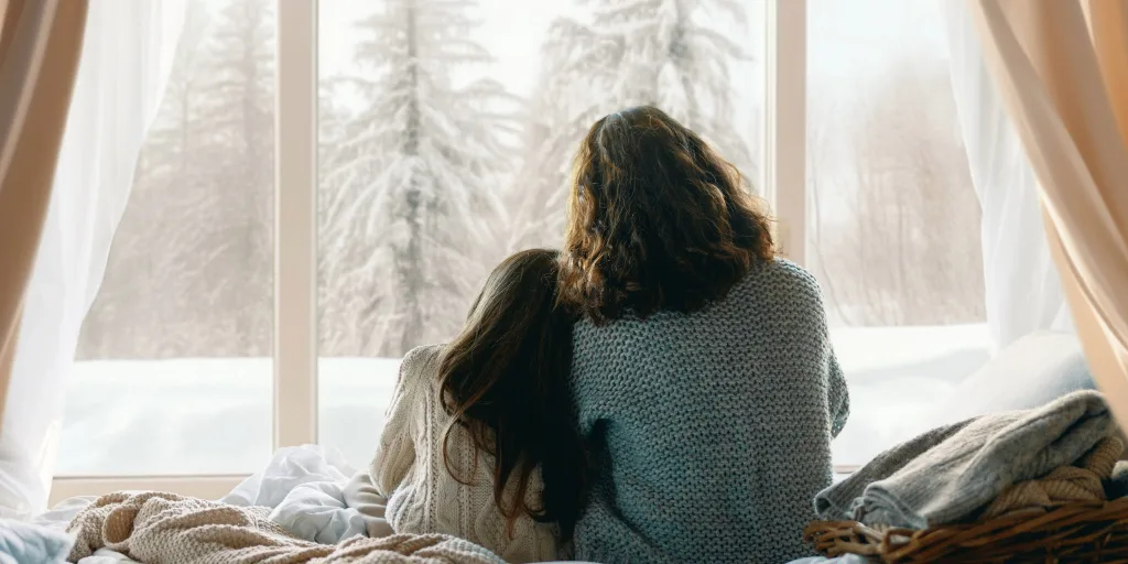 Two people in cozy sweaters sitting on a bed, looking out a large window at a snowy winter forest scene with evergreen trees.