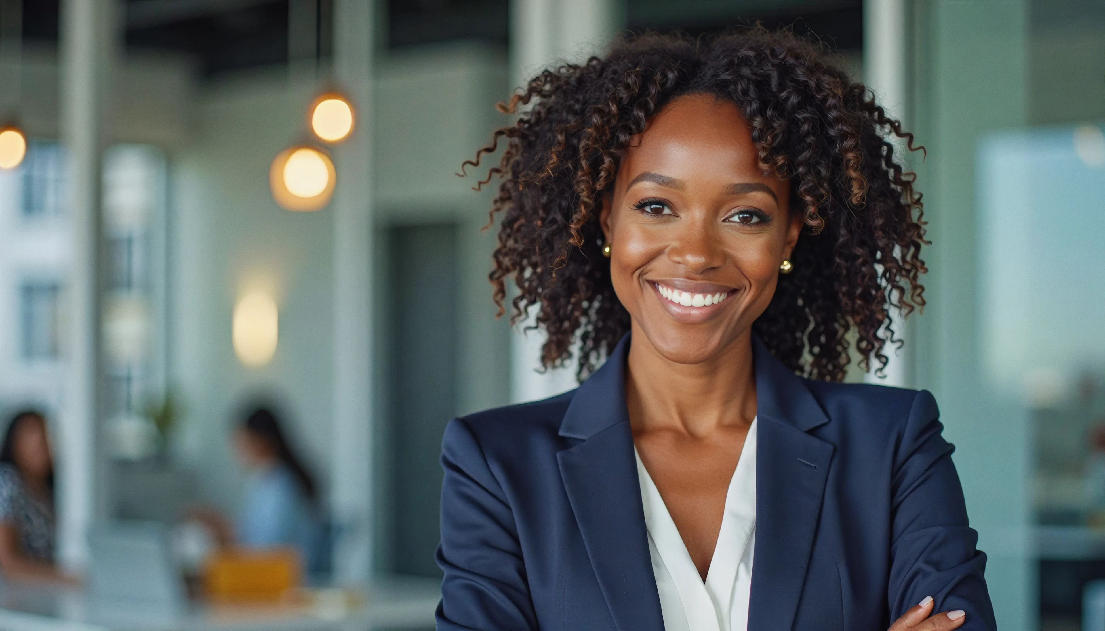 Professional woman with curly hair smiling in navy blazer in modern office with blurred background and warm lighting.
