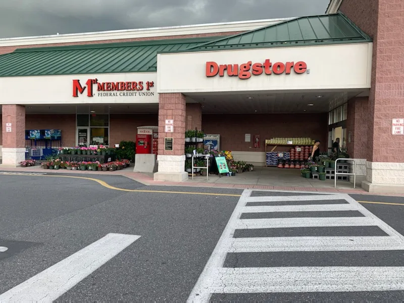 Lancaster Giant storefront entrance showing Members 1st Federal Credit Union and Drugstore signs with plants displayed outside under cloudy sky.