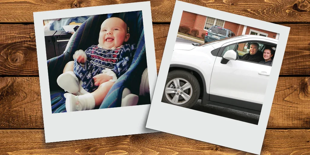 Two polaroid photos on wood surface: smiling baby in car seat and two people in white SUV outside brick house.