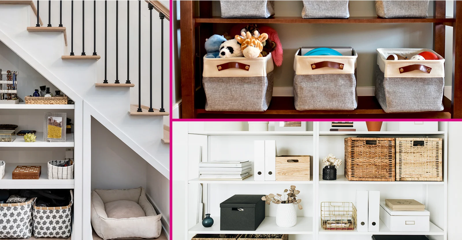 Organized home storage featuring fabric bins, wicker baskets, and shelving units with toys and household items neatly arranged.