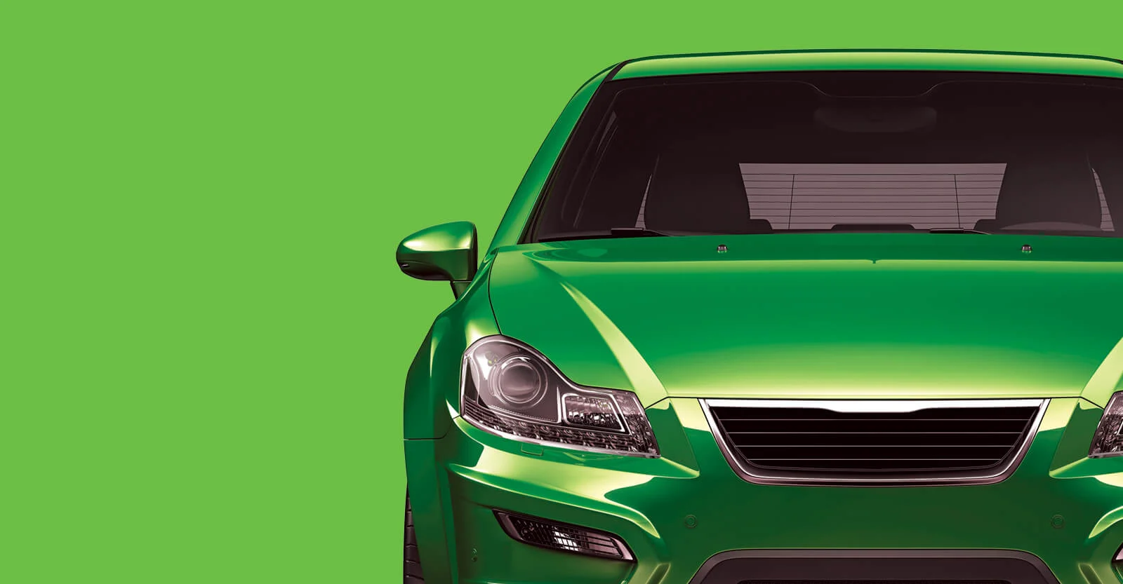 Bright green car front view with chrome grille and headlights against matching green background.