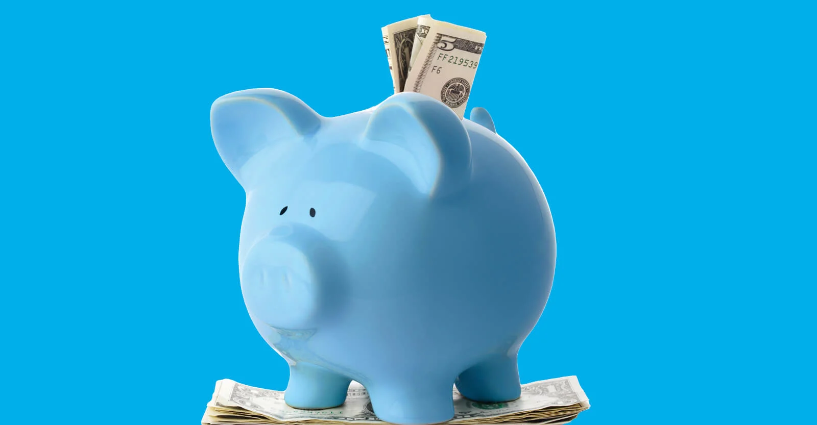 Light blue piggy bank with dollar bills inserted in slot, standing on stack of cash against bright blue background.