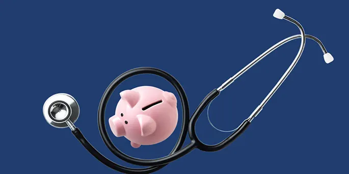 Pink piggy bank encircled by a black stethoscope on a dark blue background, symbolizing financial health checkup.