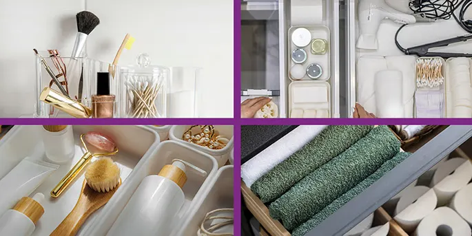 Organized bathroom drawers with makeup brushes, skincare products, hairbrush, green towels, and toiletries neatly arranged.
