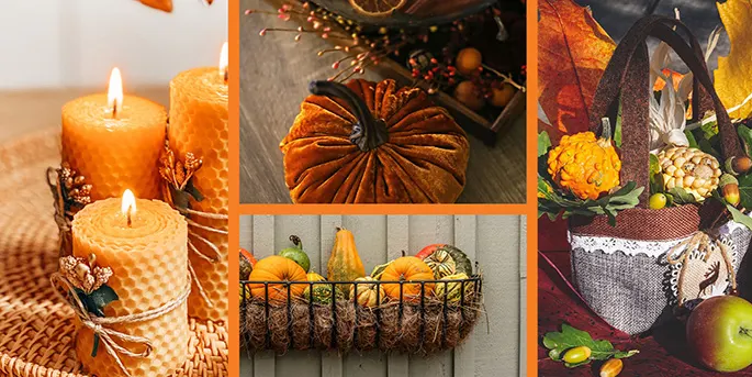 Collage of autumn decorations including orange candles, velvet pumpkins, gourds in wire basket, and harvest basket with flowers