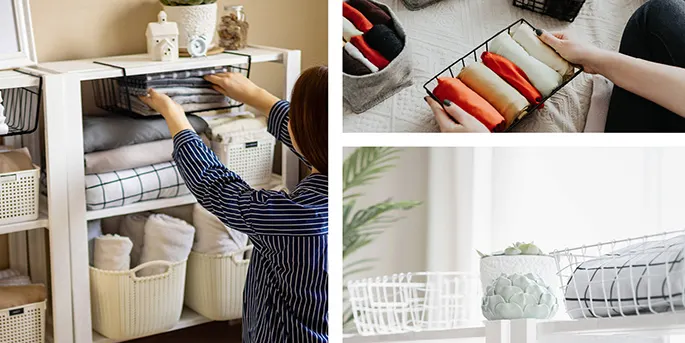 Collage of home organization: woman folding linens in white cabinet, hands arranging rolled items in drawer, organized shelf.
