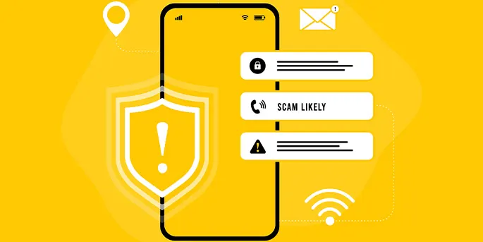 Smartphone displaying security alerts including lock icon, scam likely warning, and alert symbol on yellow background with shield icon