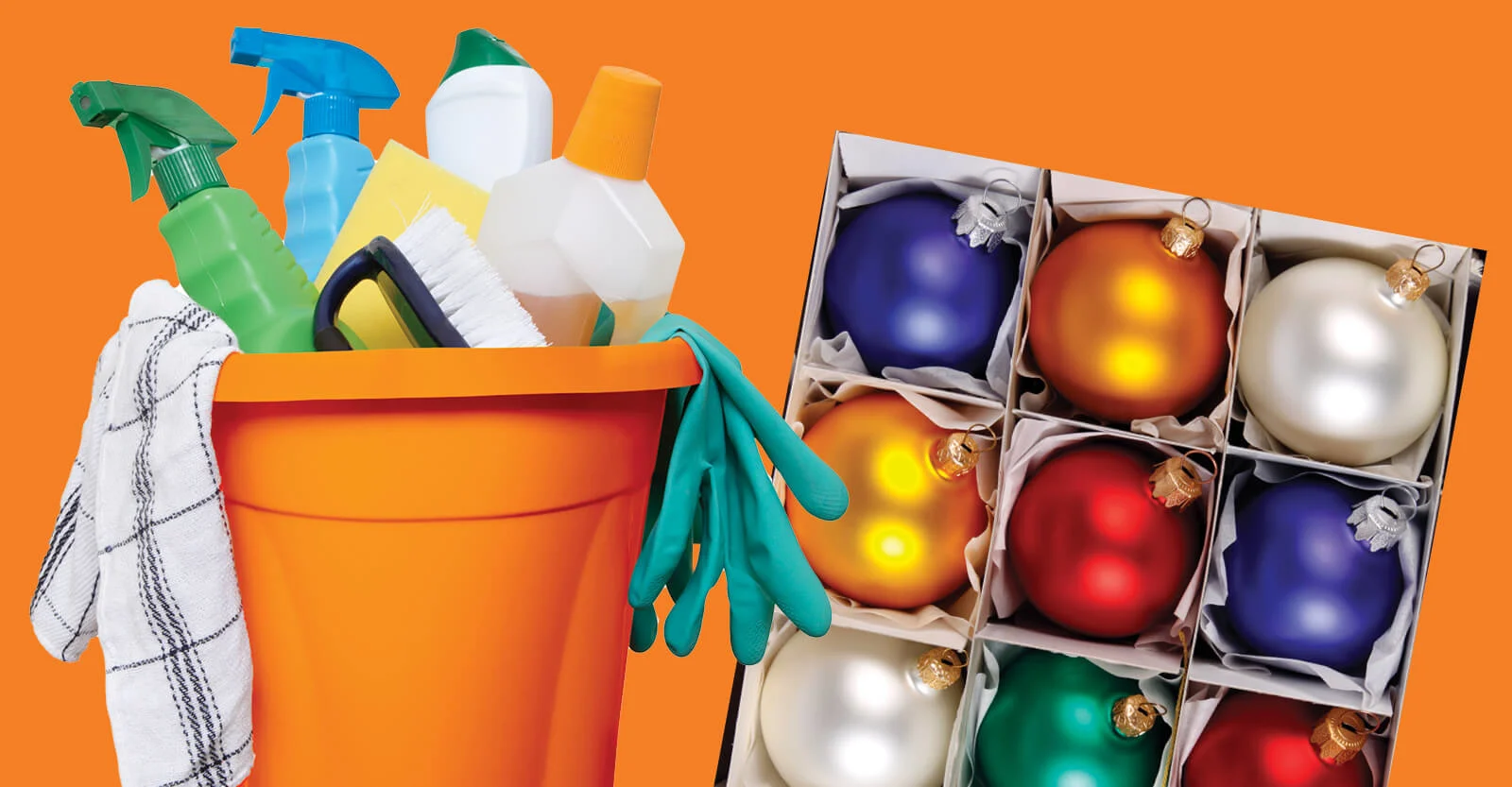 Orange bucket filled with cleaning supplies next to a box of colorful Christmas ornaments on an orange background.