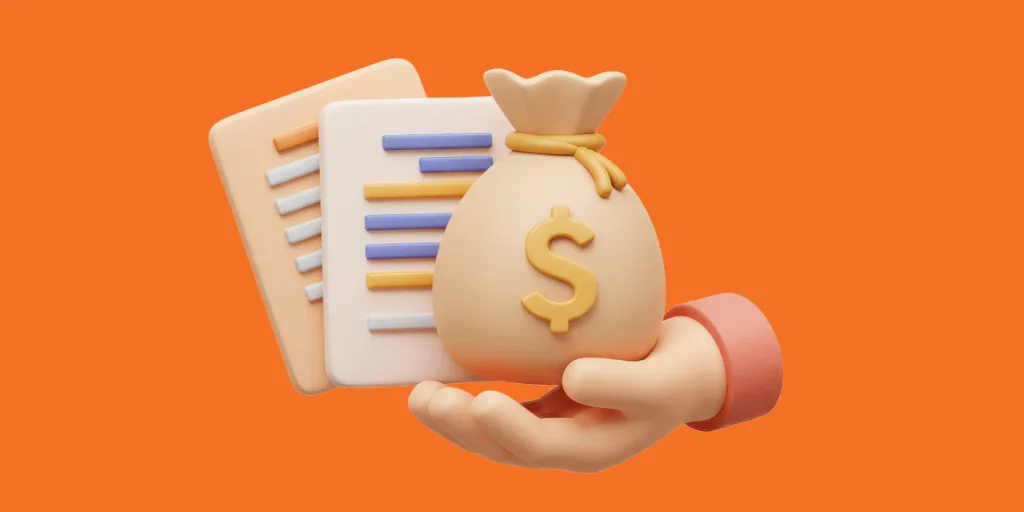 3D illustration of a hand holding a money bag with dollar sign and financial documents on an orange background