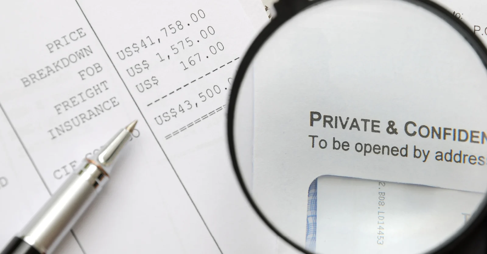 Magnifying glass over financial documents showing price breakdown with freight and insurance costs, next to confidential mail.