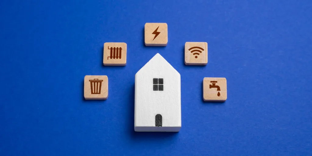 White house model surrounded by wooden blocks with utility icons for electricity, heating, trash, WiFi, and water on blue background.
