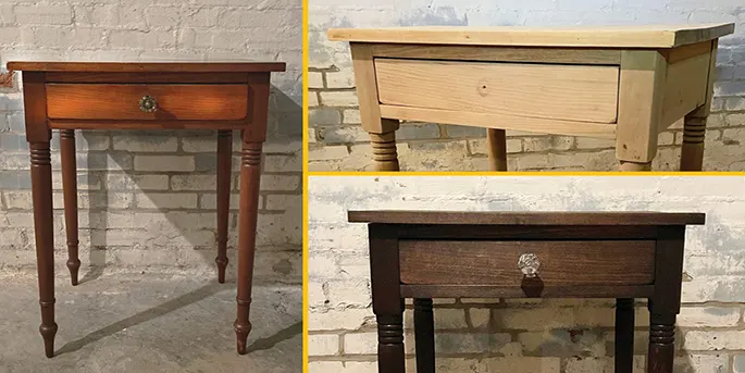 Three views of a wooden side table with single drawer showing original dark stain and refinished lighter wood tones.
