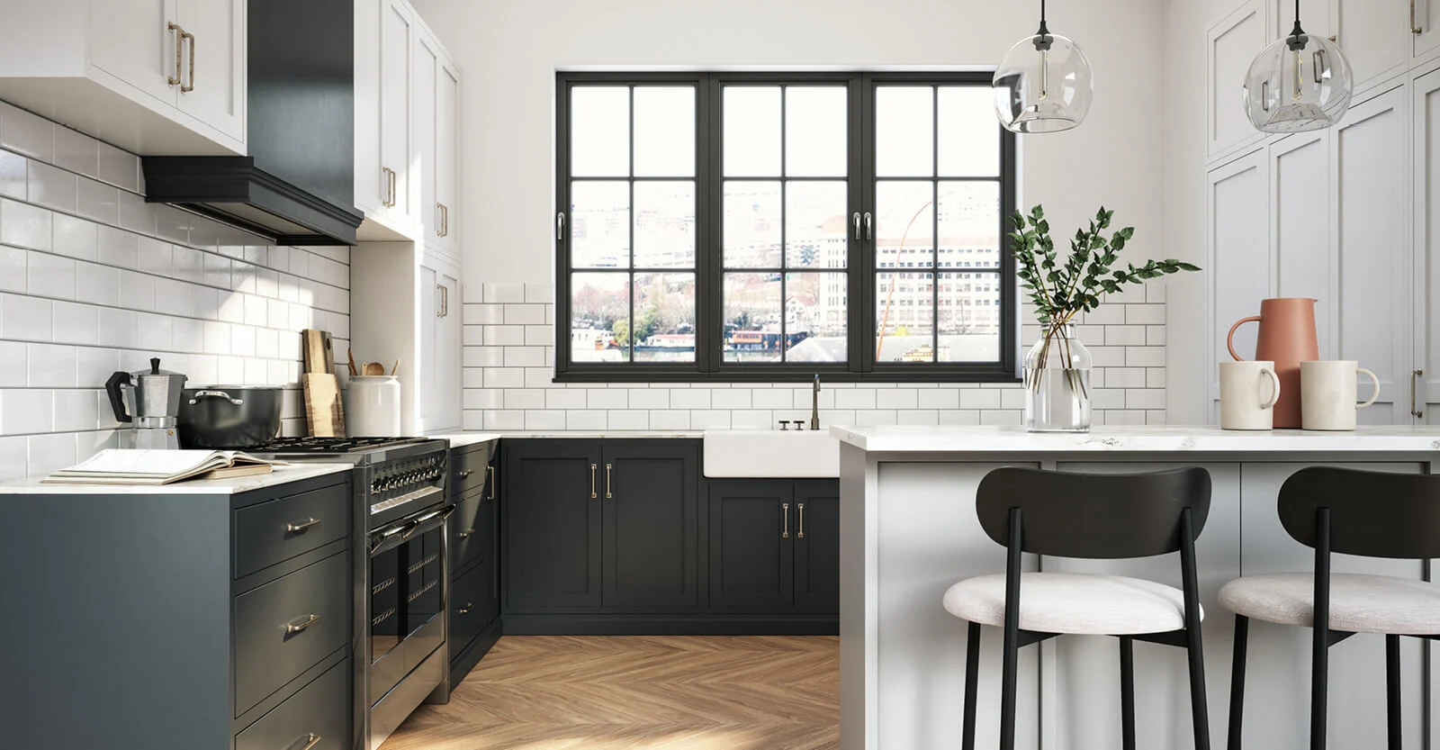 Modern kitchen with white and dark gray cabinets, white subway tile backsplash, black-framed windows, and breakfast bar.