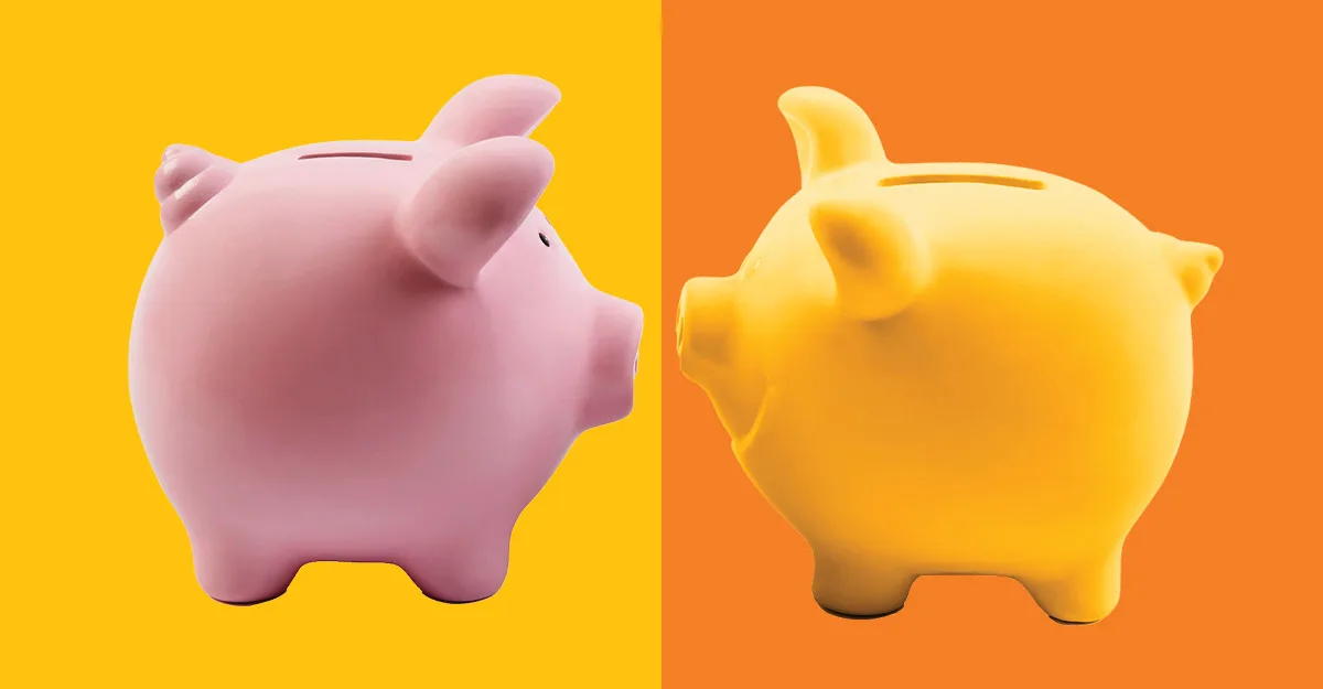 Pink piggy bank on yellow background next to yellow piggy bank on orange background in split-screen comparison.