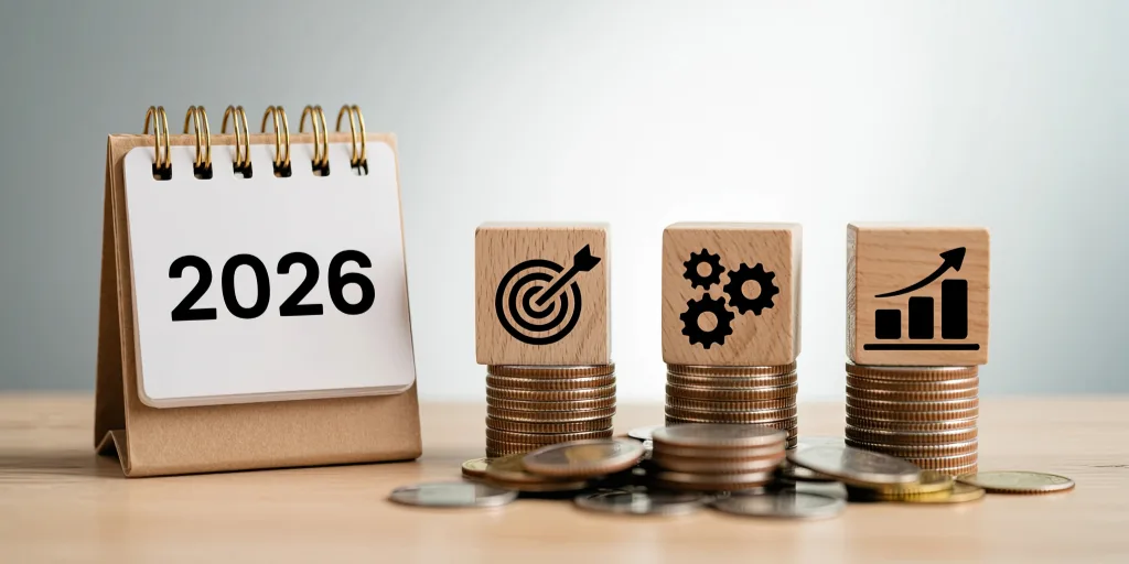 2026 calendar beside three stacks of coins topped with wooden blocks showing target, gears, and growth chart icons.