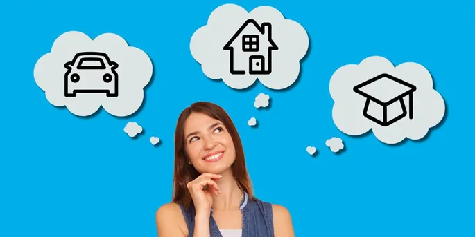 Woman thinking about financial goals with thought bubbles showing a car, house, and graduation cap on blue background.