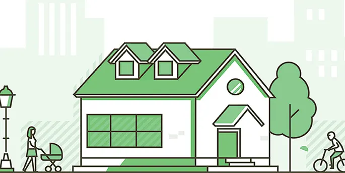 Illustration of green and white houses in a residential neighborhood with people walking and cycling on the street.