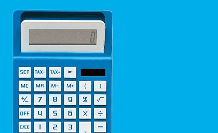 Blue calculator with white buttons and digital display on bright blue background