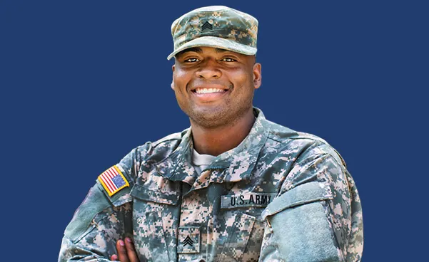 Service member on navy background