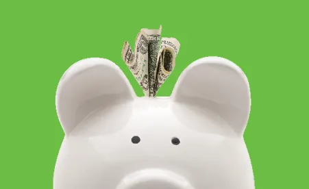 Piggy bank with dollar on green background