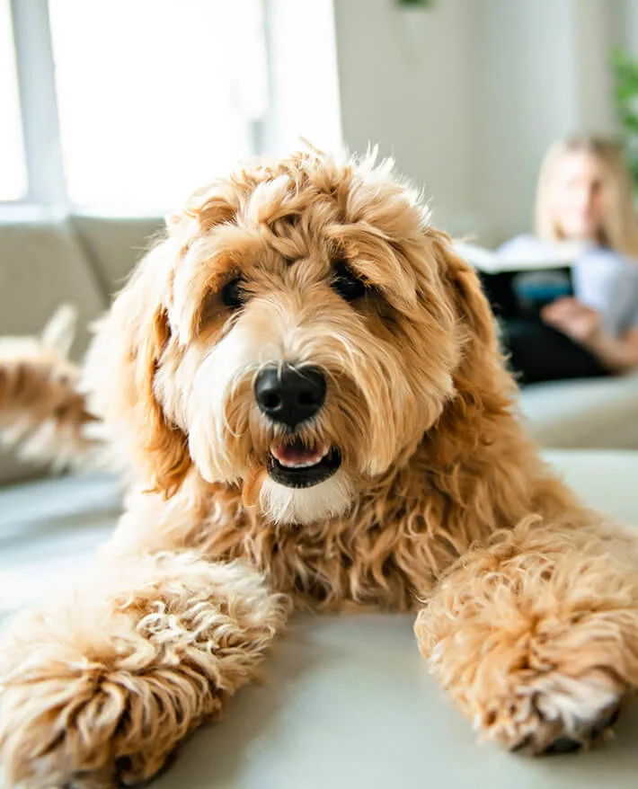 Golden-brown doodle dog with curly fur lying on floor, mouth open in happy expression, with blurred person in background