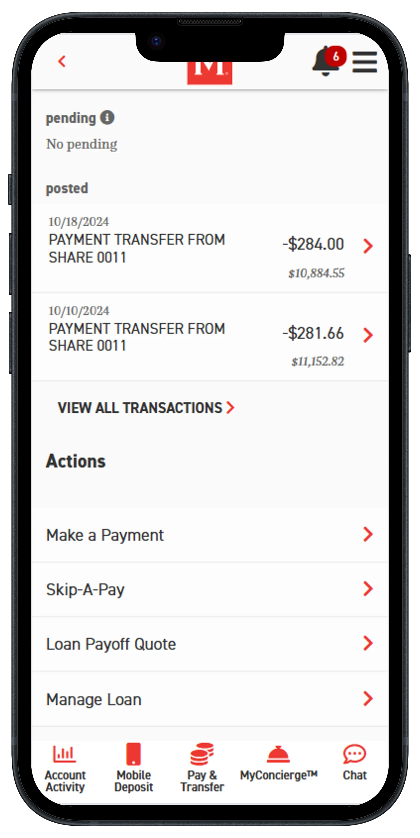 Mobile banking app showing posted payment transfers with negative amounts and action menu options on smartphone screen.