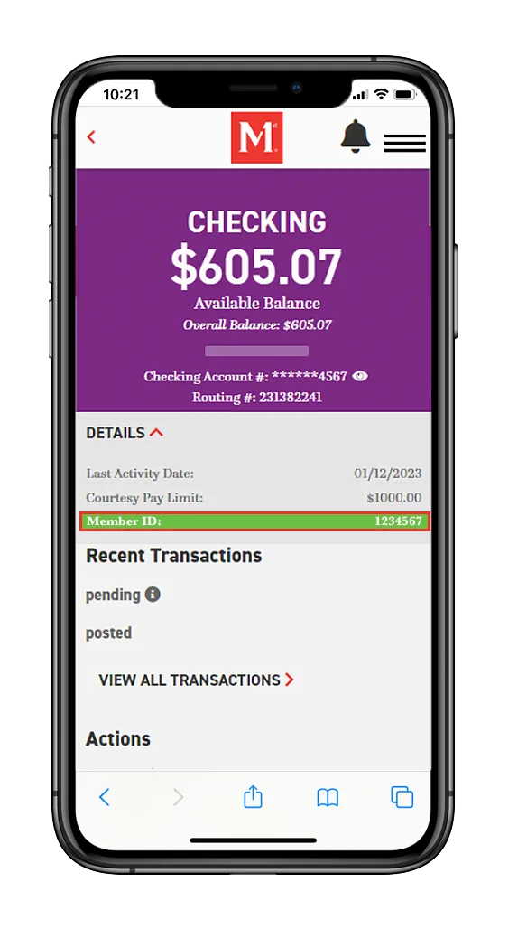 Mobile banking app showing checking account balance of $605.07 with account details and recent transactions section.