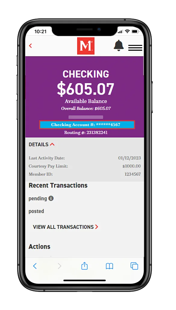 Mobile banking app showing checking account balance of $605.07 with account details and recent transactions section.