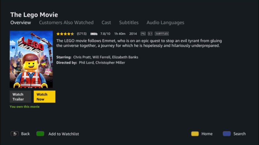 Lego Movie overview page in Amazon Video Player